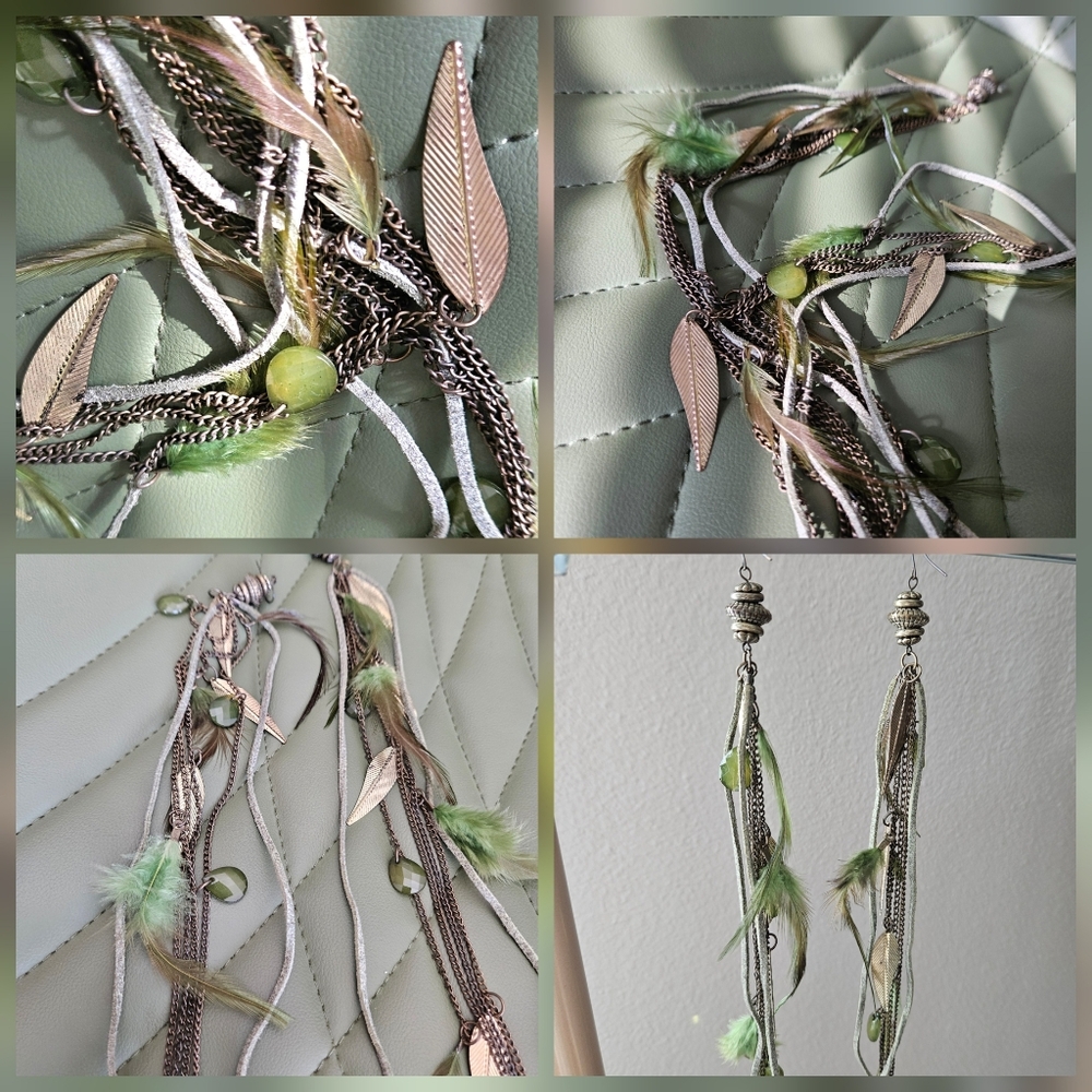 Bohemian Feather and Chain Extra Long Earrings